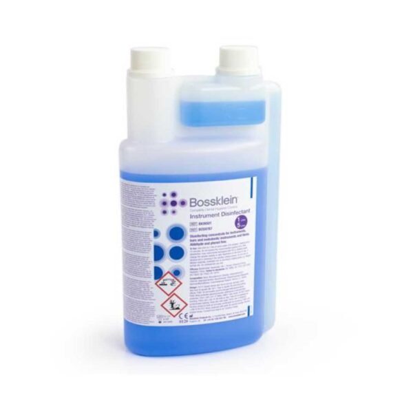 Bossklein IProduct Highlights: - Disinfects and cleans in one operation - Impressions will be cleaned and disinfected in 5 minutes - For the disinfection of alginate, silicones and polyether materials. Effective Spectrum & Exposure Times: Bacteria: MRSA – Vancomycin resistant – Enterococcus faecium – Klebsiella pnemoniae – Serratia marcescens – Staphylococcus aureus – Pseudomonas aeruginosa – Enterococcus hirae Product Composition: Contains Ethanol, Didecyldimethylammonium chloride Physical Properties: Clear liquid, Alcoholic odour, Flammable and soluble in water, Shelf life of 3 yearsnstrument Disinfectant buy www.tayatalnajoommedical.com